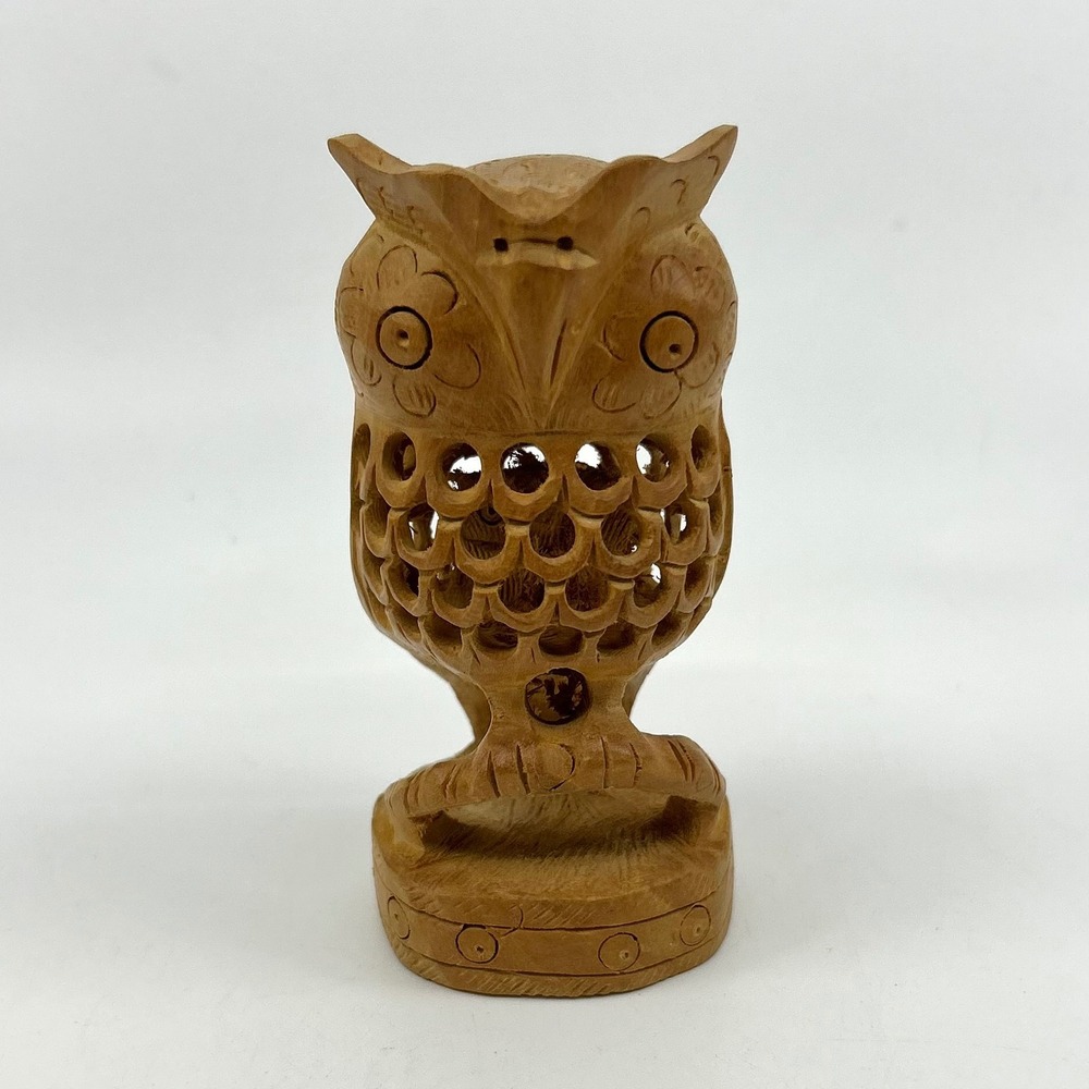 Vintage Hand Carved Owl Wooden Figurine Made In India Boho Wood Decor Bird